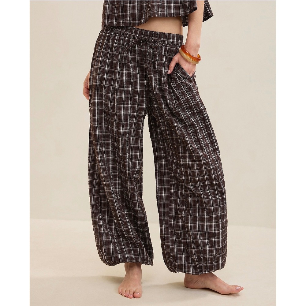 Aerie Brown Plaid Balloon Pants XXL Elastic Waist Drawstring Seersucker Trousers